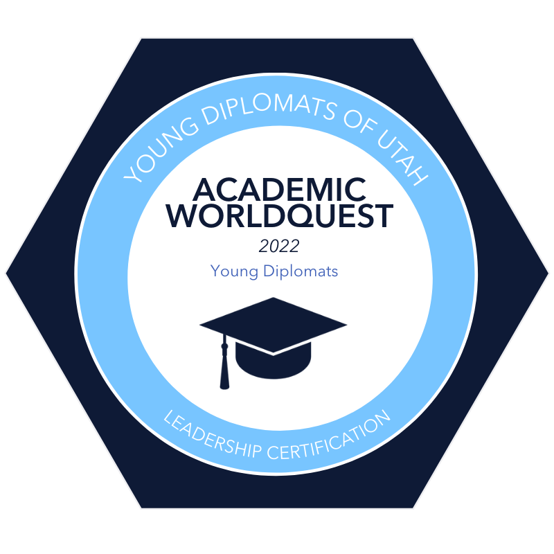 A Young Diplomats of Utah Badge for competing in Academic WorldQuest, 2022.