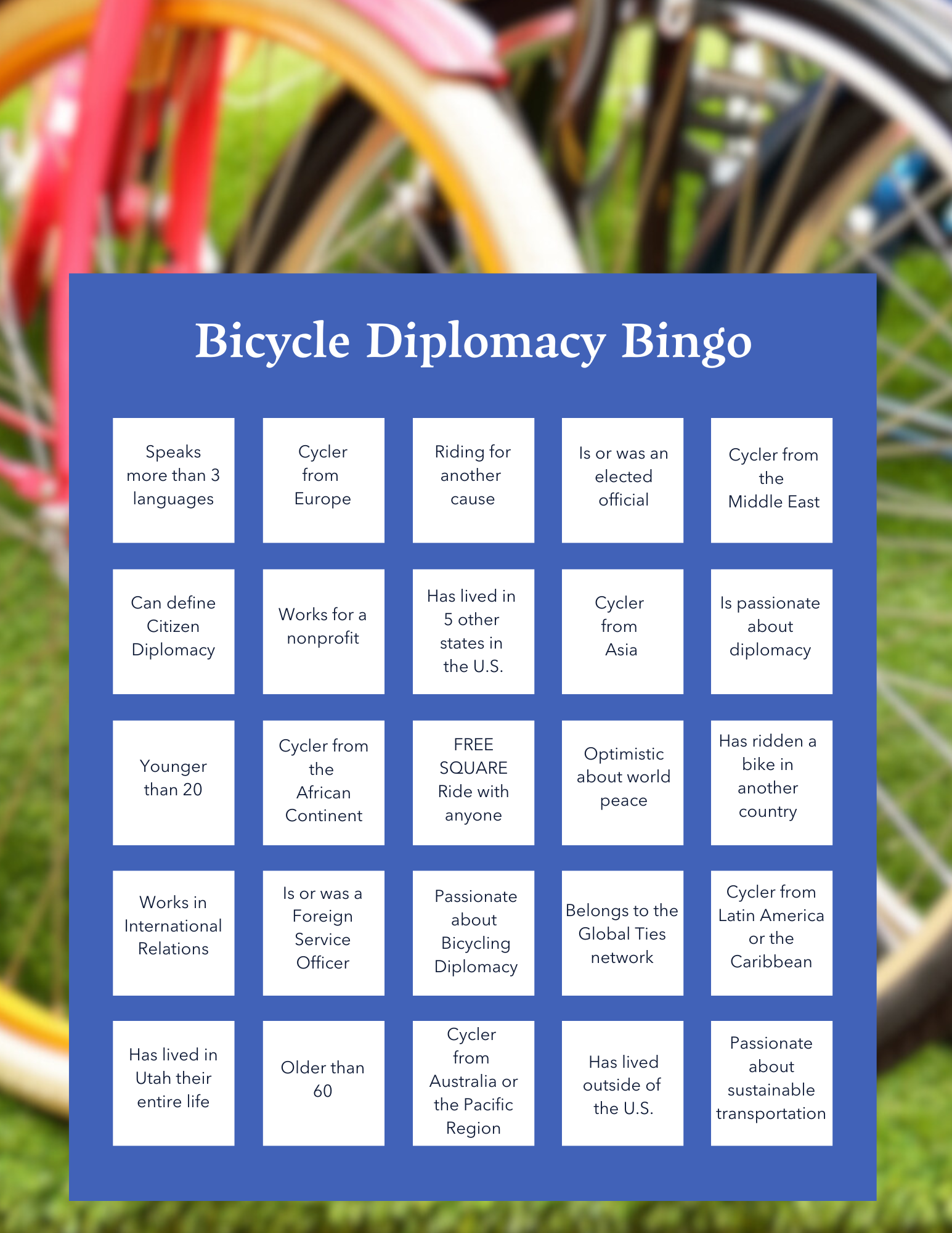 Bicycle Diplomacy Bingo_Utah Global Diplomacy