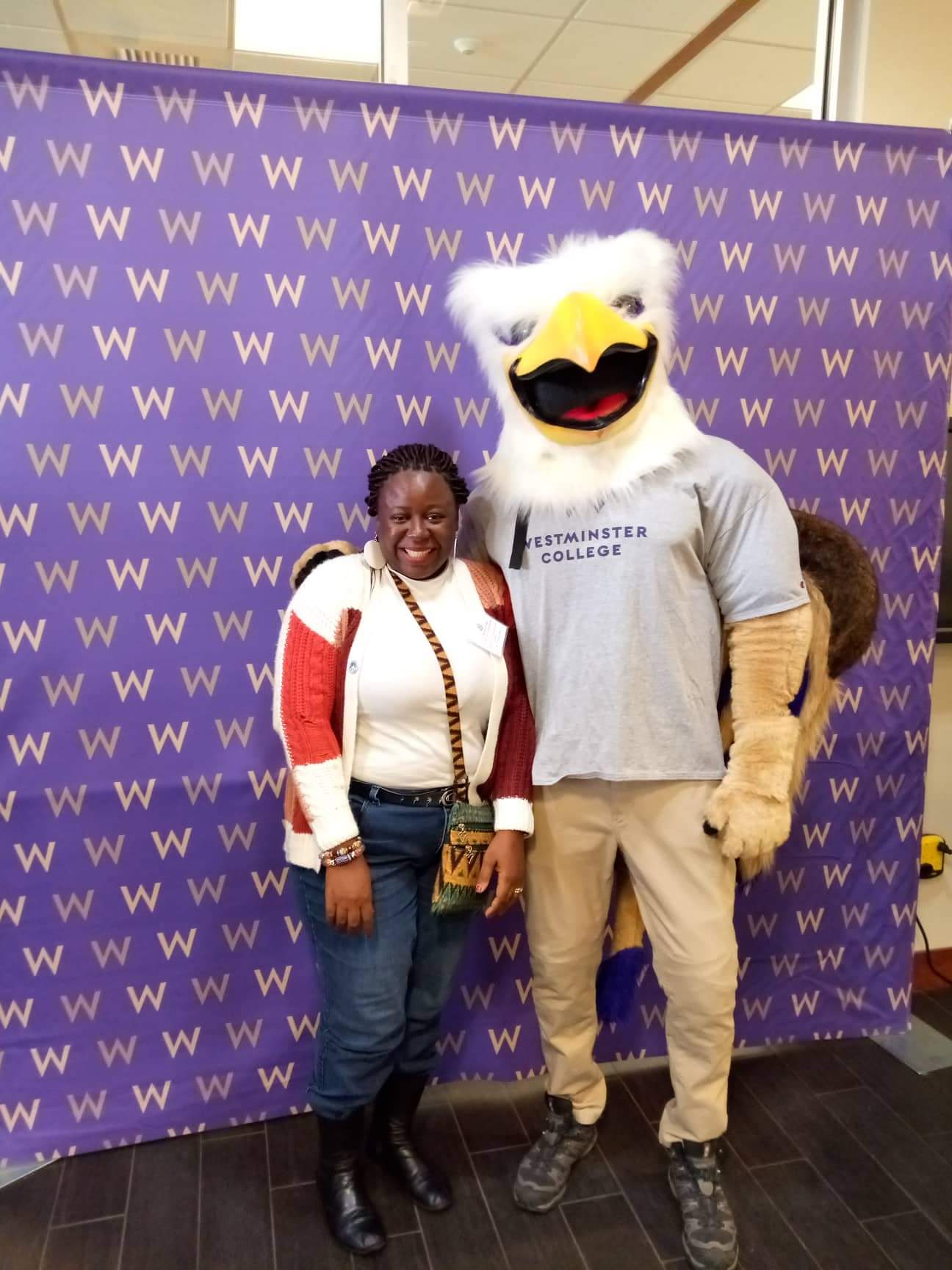 N'bete with Westminster College mascot, Griff.